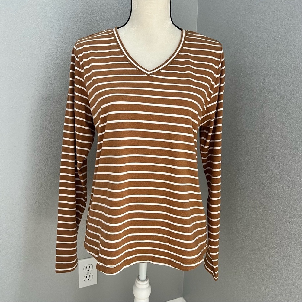 Orvis Perfect Long-Sleeve Brown and White Striped V-Neck Shirt